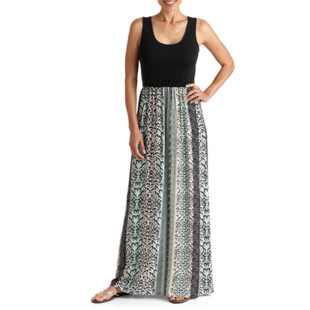 Faded Glory Black Green White Leopard Print Solid Top Maxi Dress